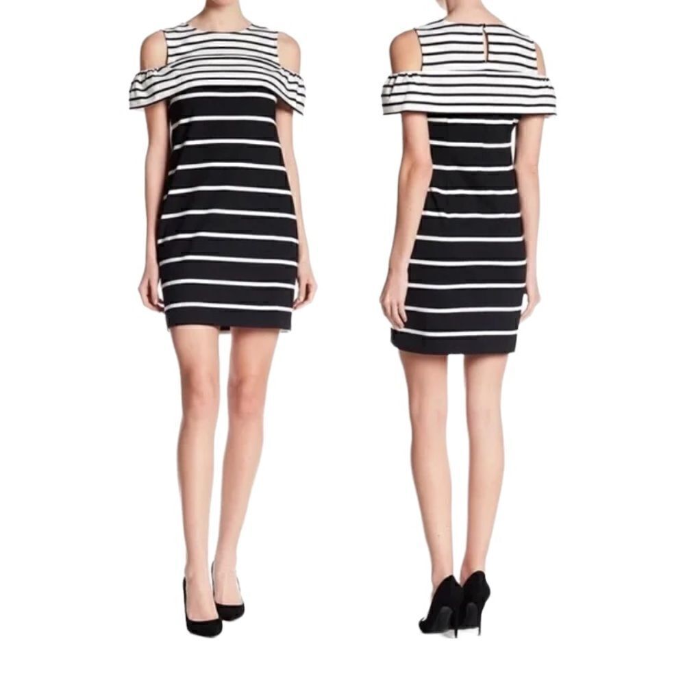 Vince Camuto Cold Shoulder Dress White and Black Striped Keyhole back